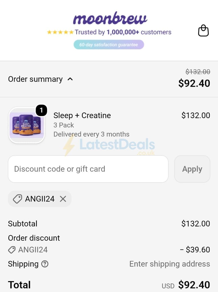 Screenshot of the MoonBrew discount code working