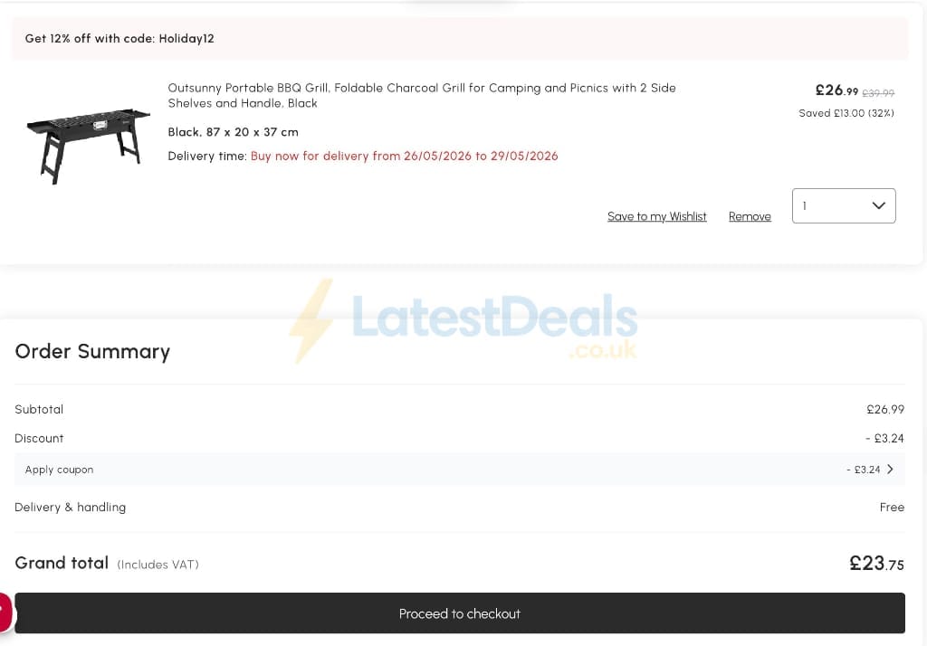 Screenshot of the Aosom discount code working