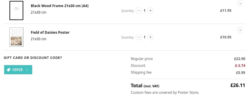 Screenshot of the Poster Store discount code working