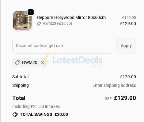 Screenshot of the Hollywood Mirrors discount code working
