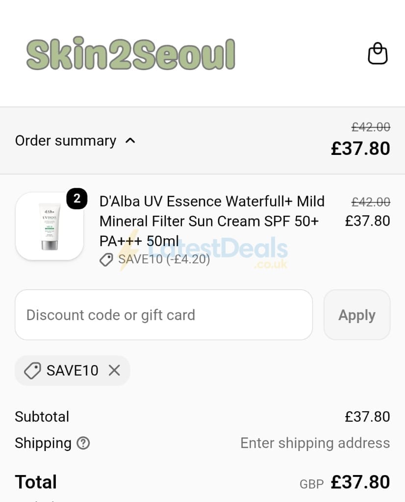 Screenshot of the Skin2Seoul discount code working