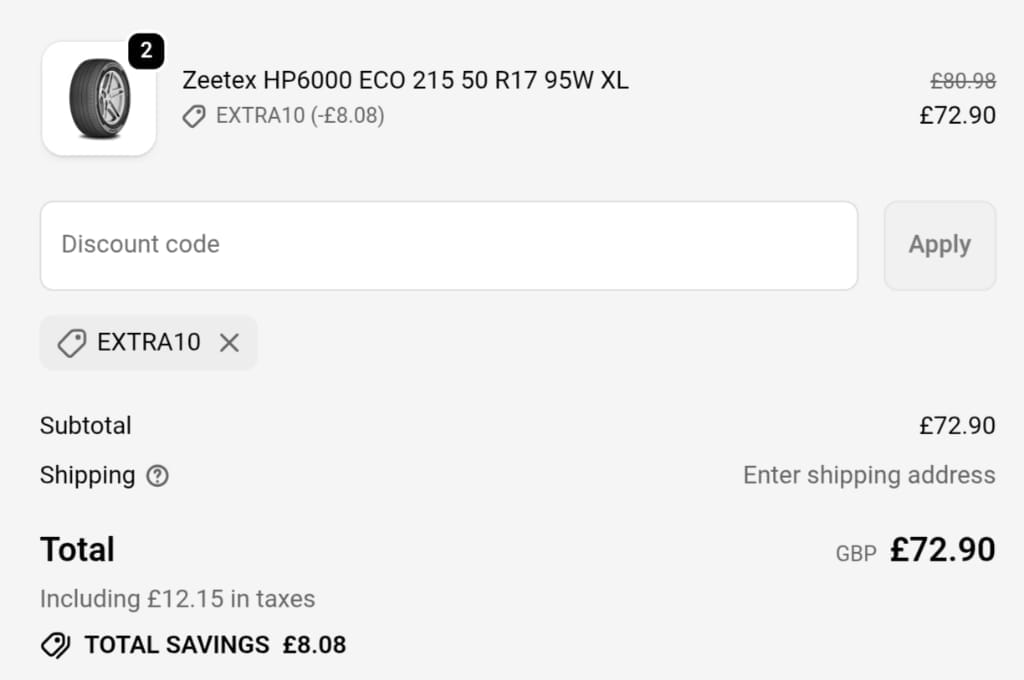 Screenshot of the Tire Streets discount code working