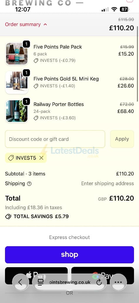 Screenshot of the The Five Points Brewing Company discount code working