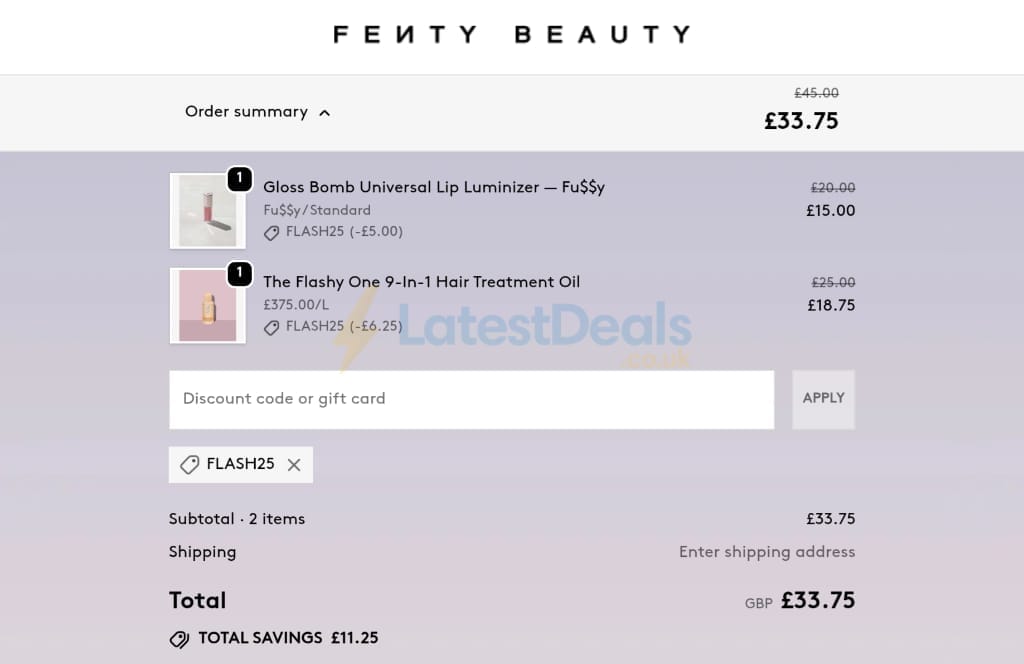 Screenshot of the Fenty Beauty discount code working