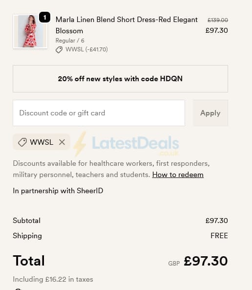 Screenshot of the BODEN discount code working