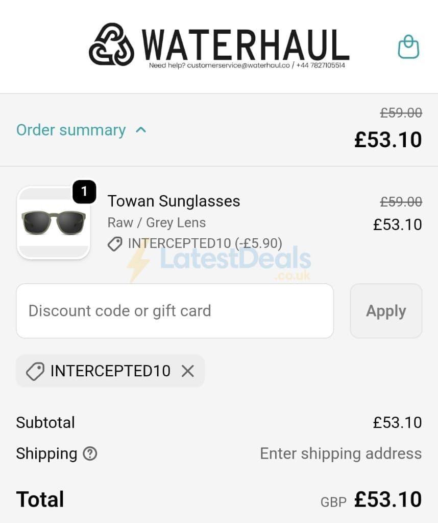 Screenshot of the Waterhaul discount code working