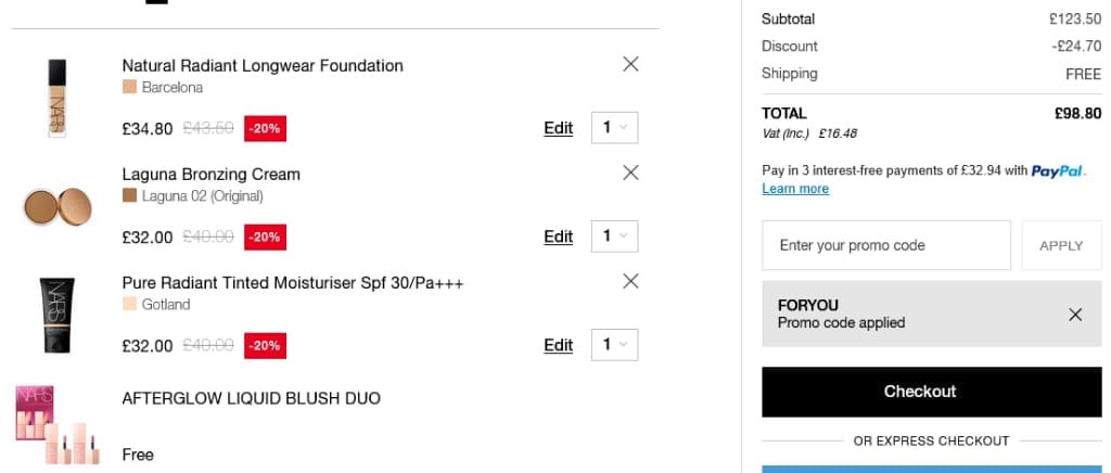 Screenshot of the NARS Cosmetics discount code working