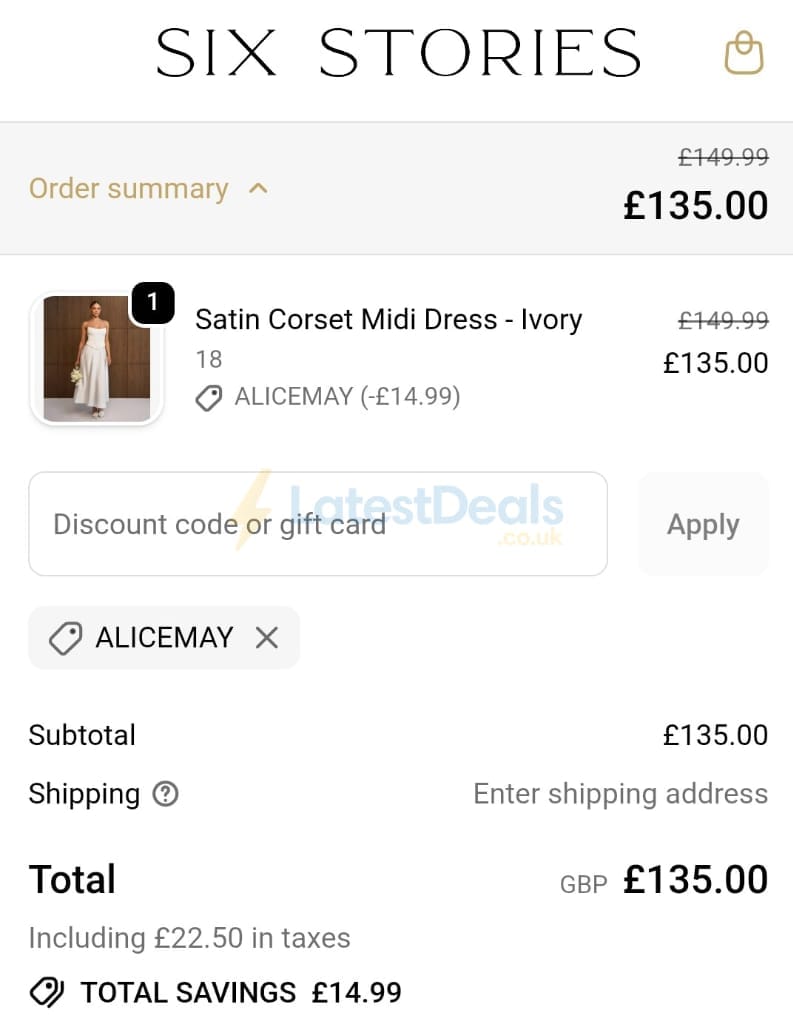 Screenshot of the Six Stories discount code working
