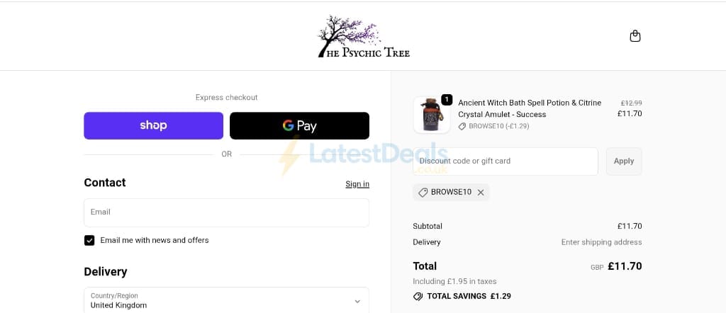Screenshot of the The Psychic Tree discount code working