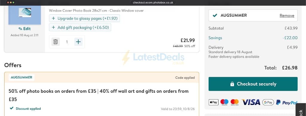 Screenshot of the Photobox discount code working