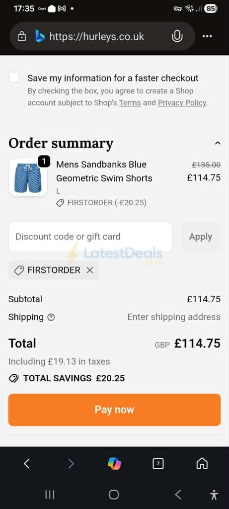 Screenshot of the Hurleys discount code working