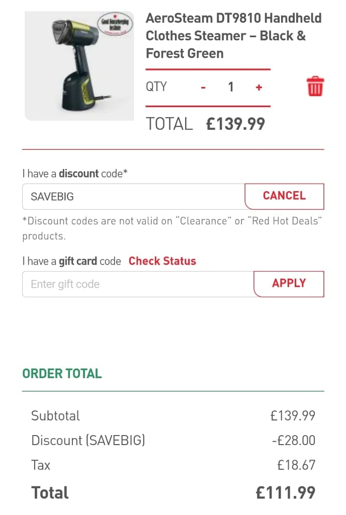 Screenshot of the Tefal discount code working