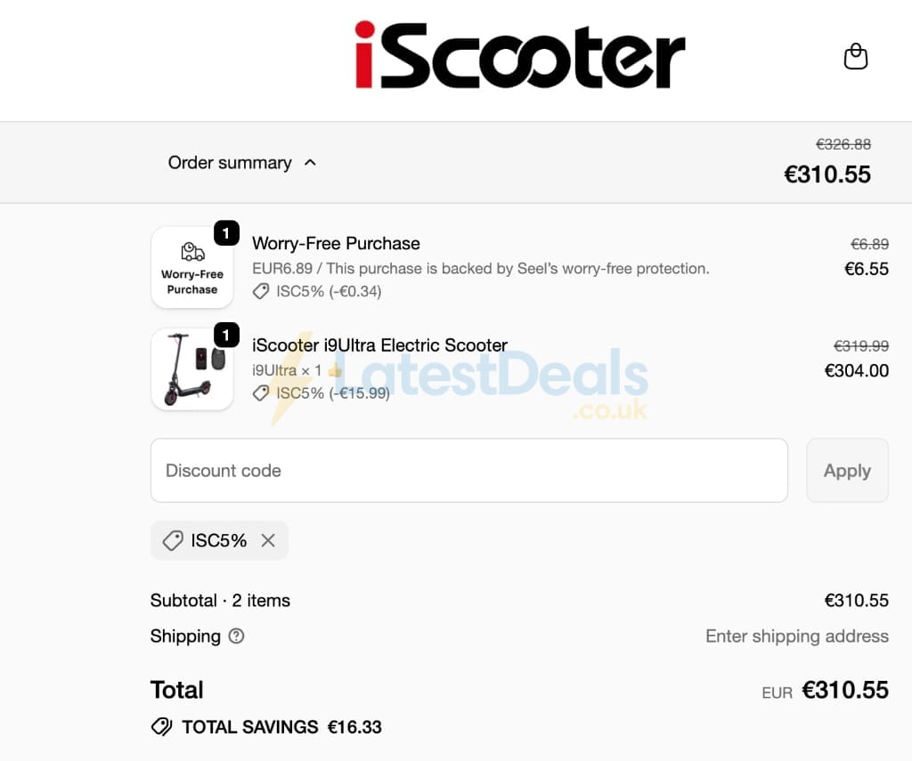 Screenshot of the iScooter EU discount code working