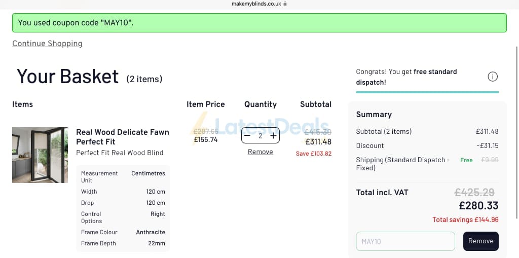 Screenshot of the Make My Blinds discount code working