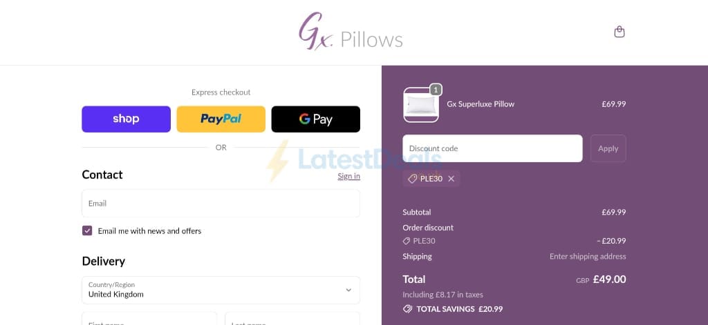Screenshot of the Gx Pillows discount code working