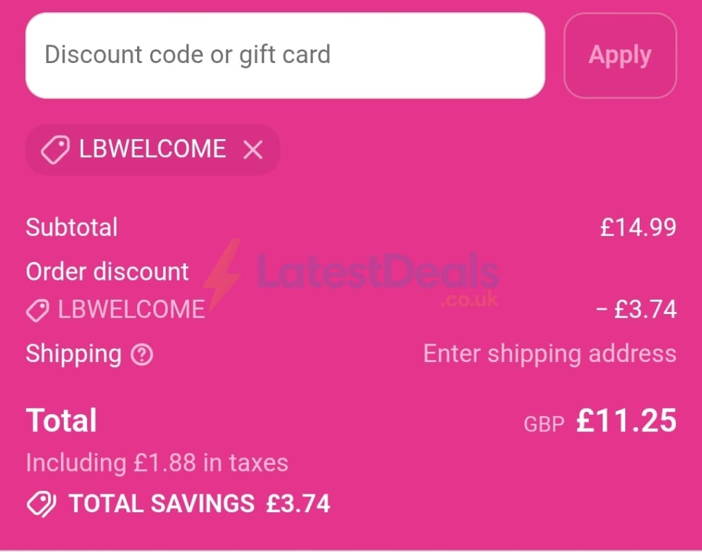 Screenshot of the LashBase discount code working