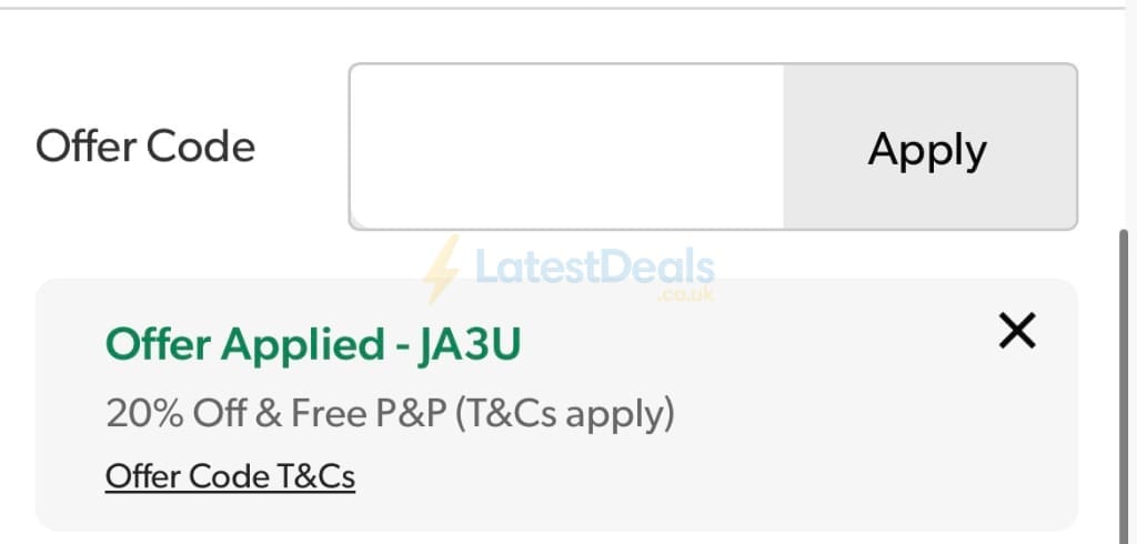 Screenshot of the Grattan discount code working