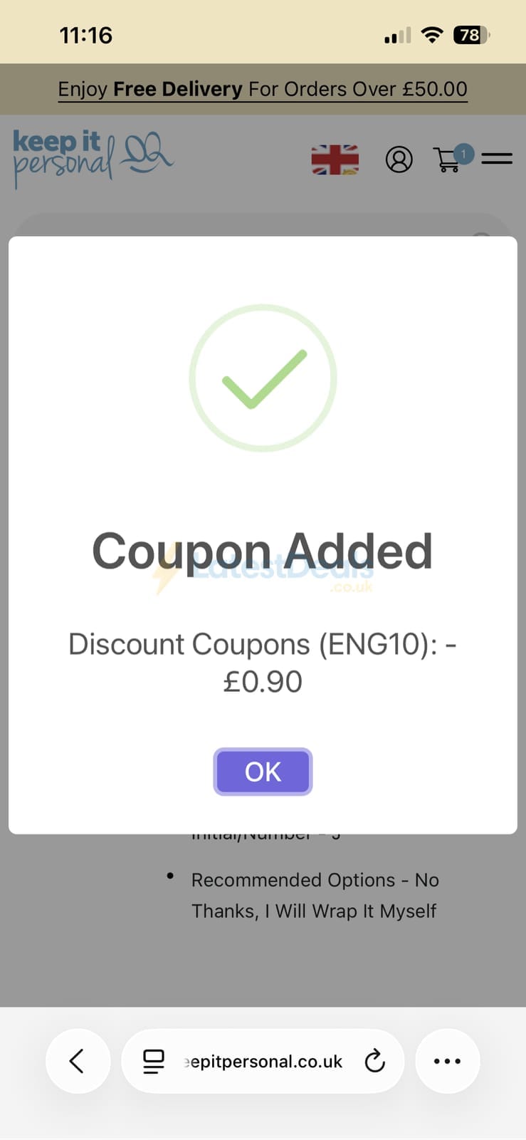 Screenshot of the Keep It Personal discount code working
