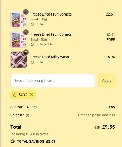 Screenshot of the SpaceSweets discount code working