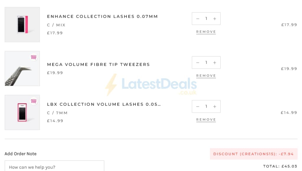 Screenshot of the LashBase discount code working