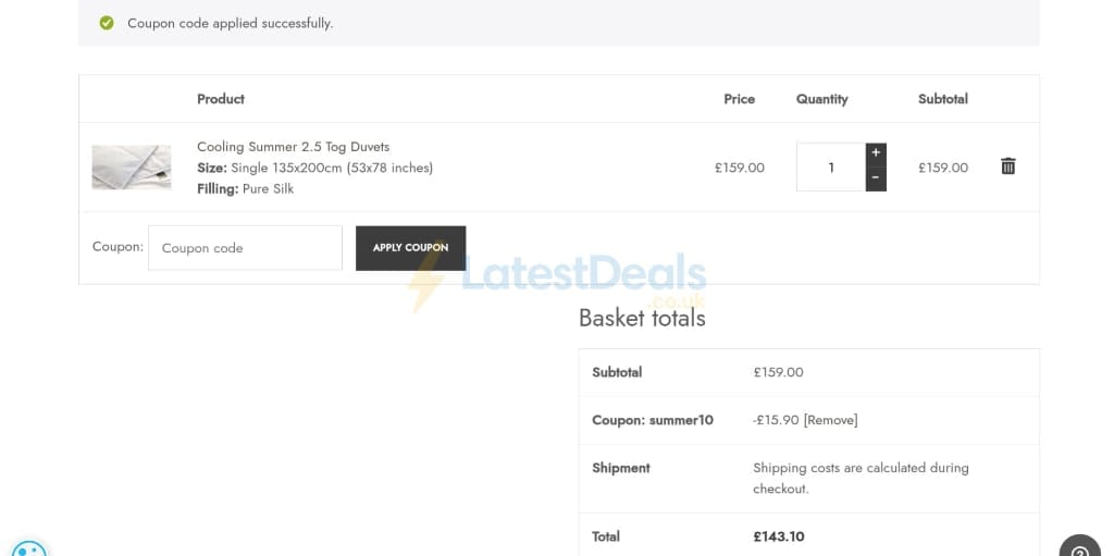 Screenshot of the The Duvet Store discount code working