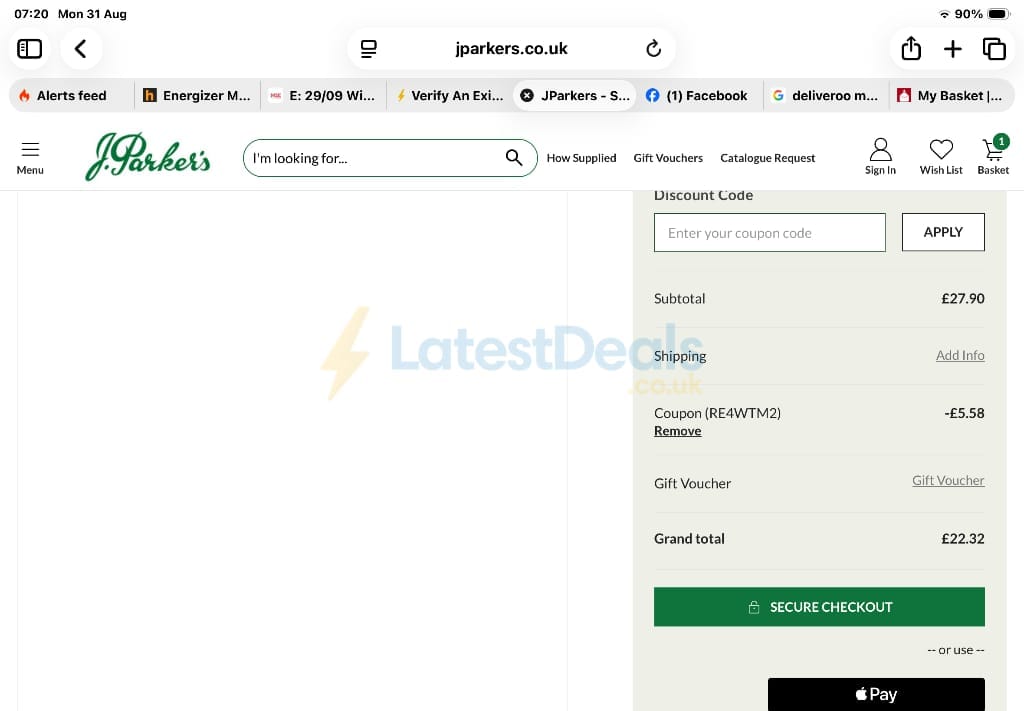 Screenshot of the J Parkers discount code working
