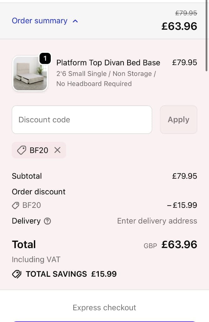 Screenshot of the The Bed Supermarket discount code working