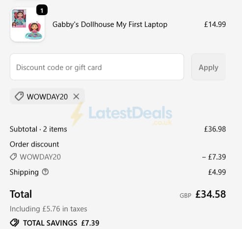 Screenshot of the Wowow Toys discount code working