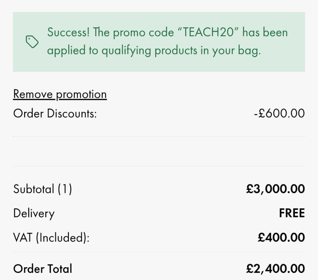 Screenshot of the Goldsmiths discount code working