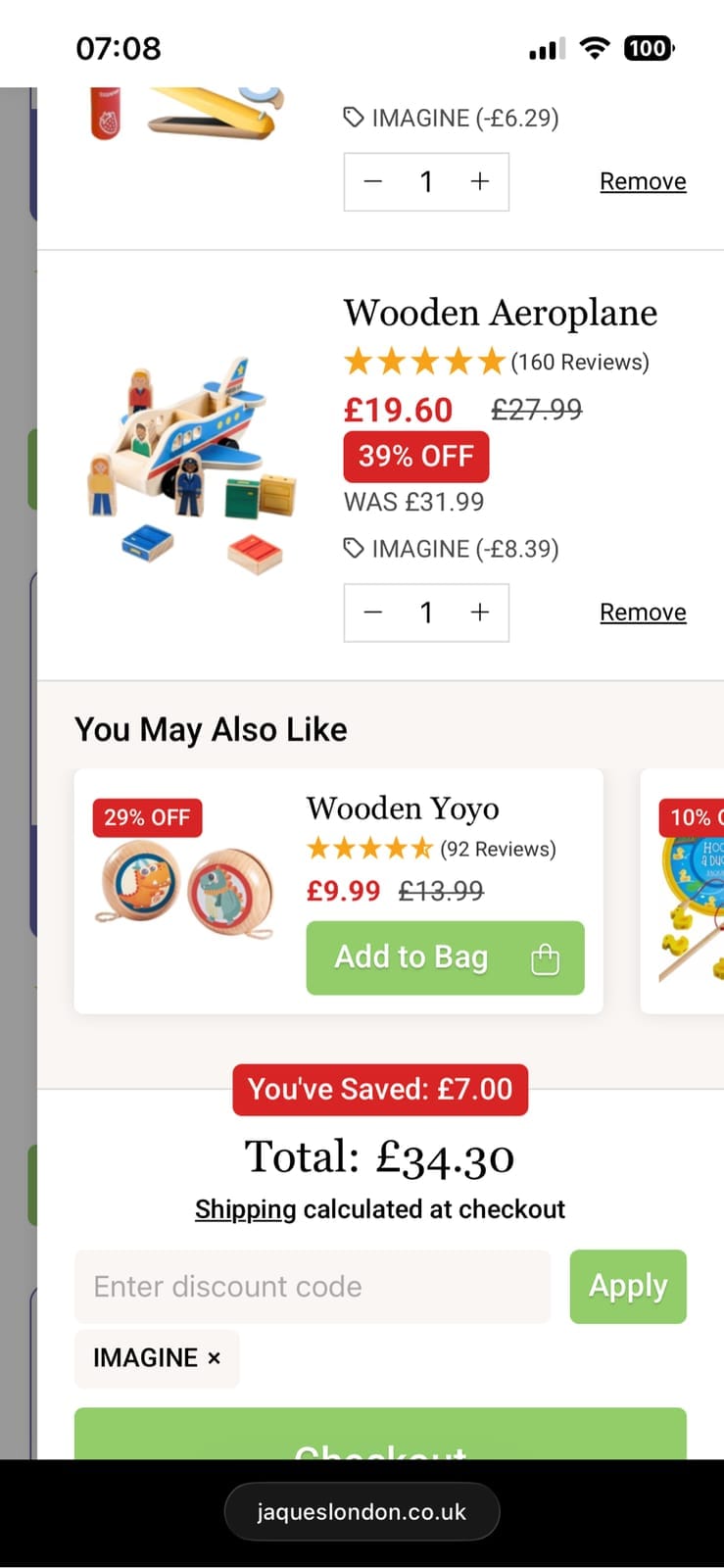 Screenshot of the Jaques London discount code working