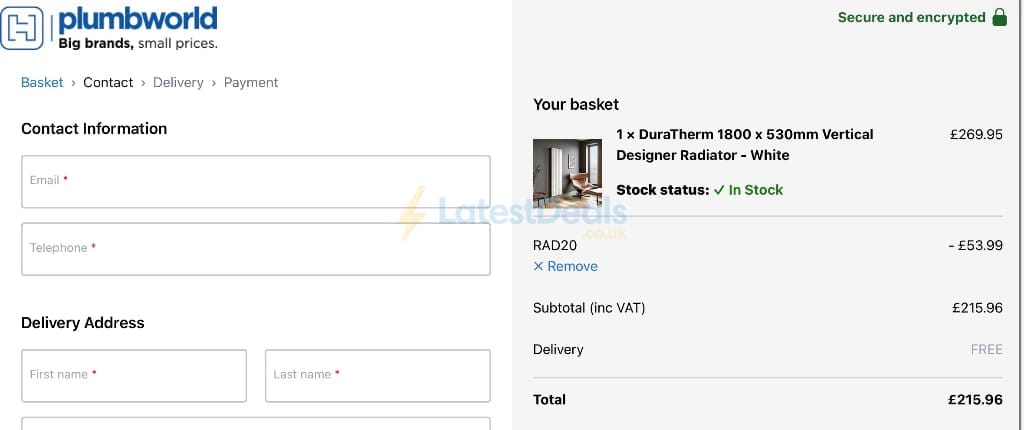Screenshot of the Plumbworld discount code working