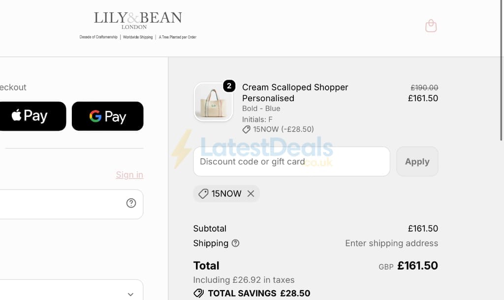 Screenshot of the Lily and Bean discount code working