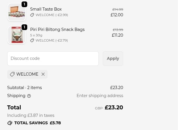 Screenshot of the The Original Biltong Company discount code working
