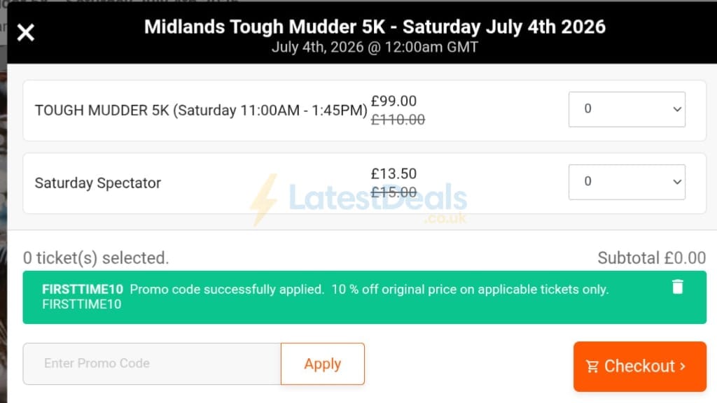 Screenshot of the Tough Mudder discount code working