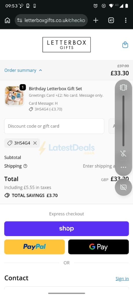Screenshot of the Letterbox Gifts discount code working