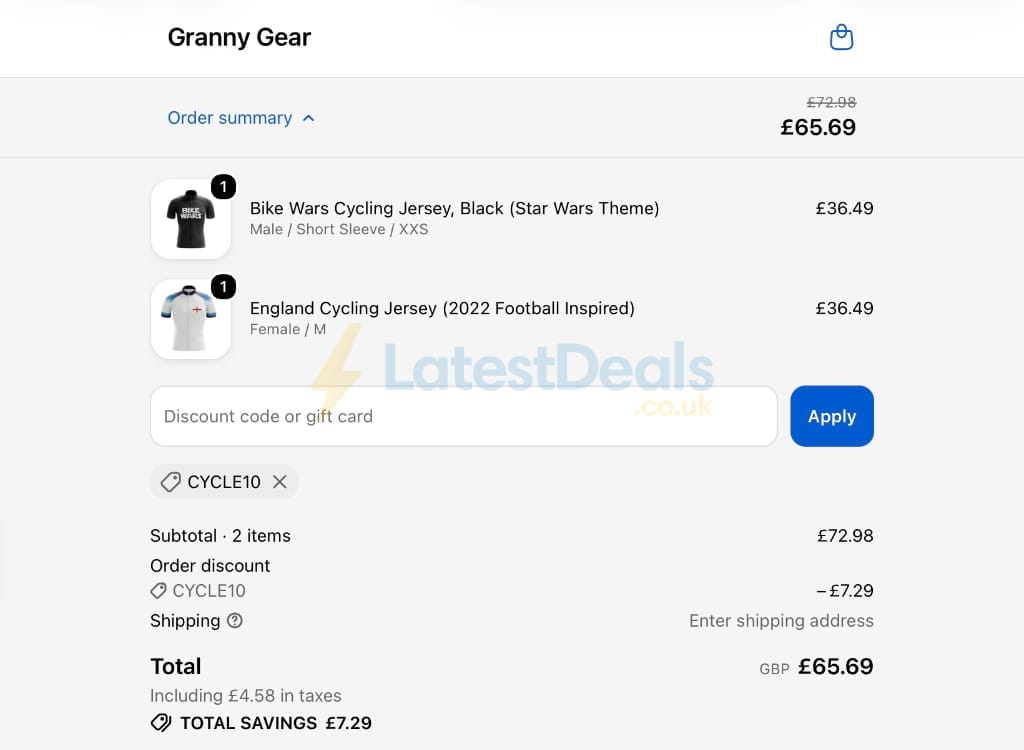Screenshot of the Granny Gear discount code working
