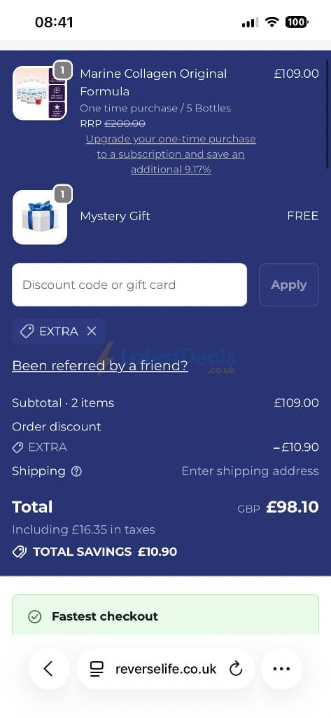Screenshot of the Reverse Life discount code working
