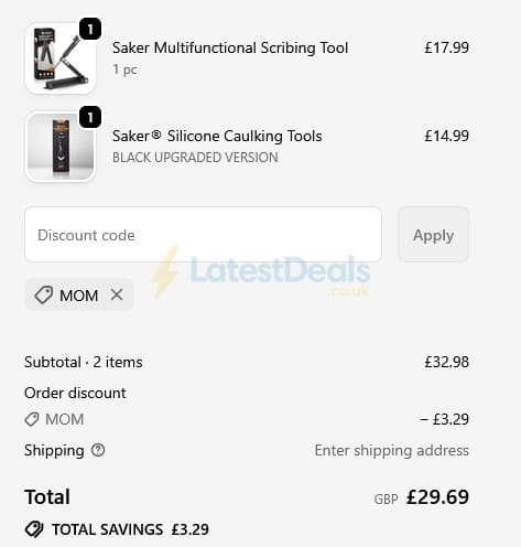 Screenshot of the SAKER discount code working