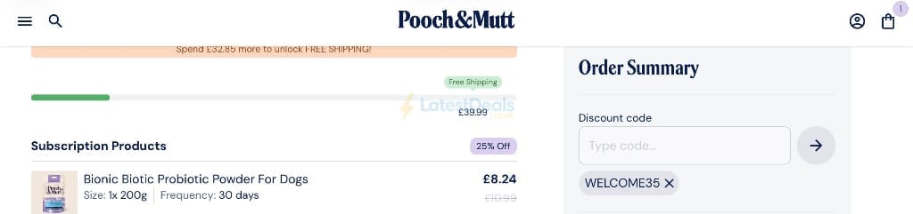 Screenshot of the Pooch & Mutt discount code working