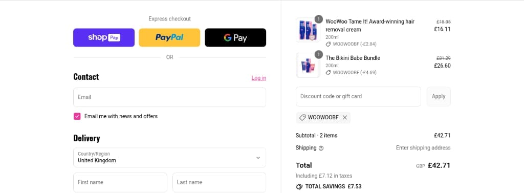 Screenshot of the WooWoo discount code working