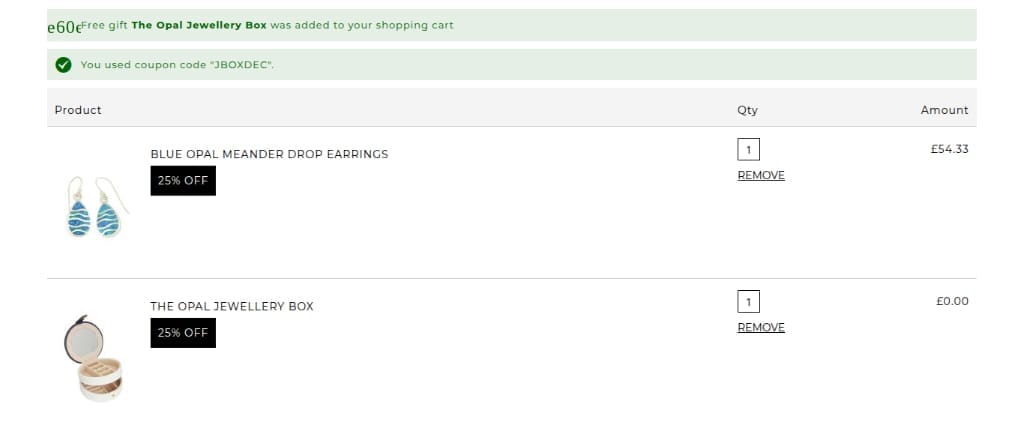 Screenshot of the The Opal discount code working