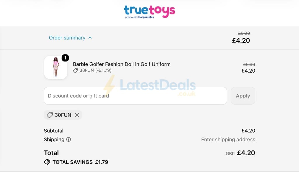 Screenshot of the True Toys discount code working