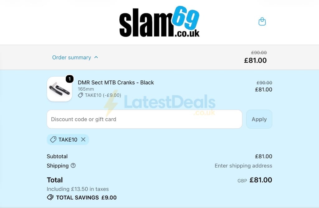 Screenshot of the Slam69 discount code working