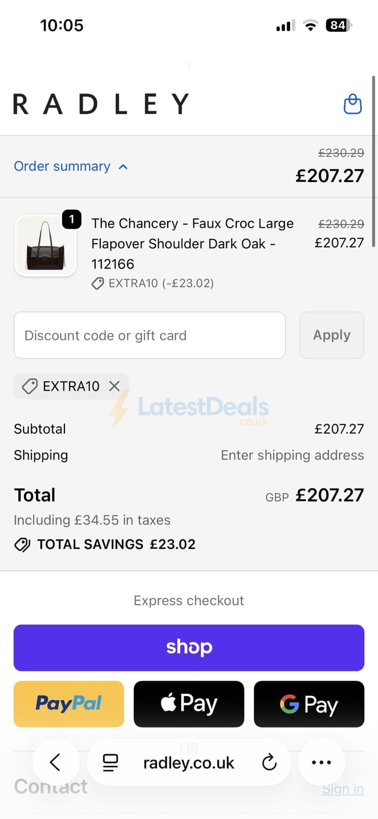 Screenshot of the Radley London discount code working