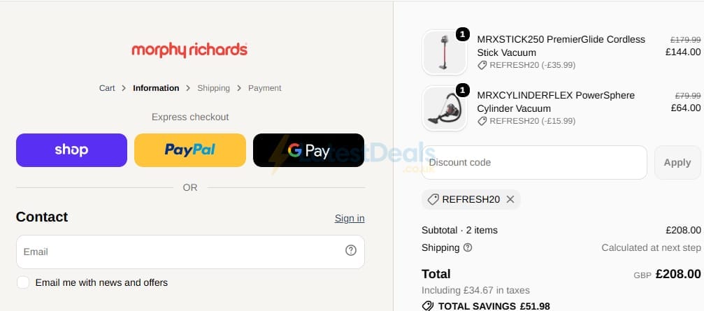 Screenshot of the Morphy Richards discount code working