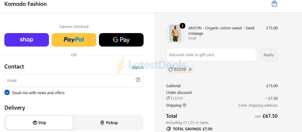 Screenshot of the Komodo discount code working