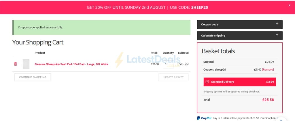 Screenshot of the Lambland discount code working