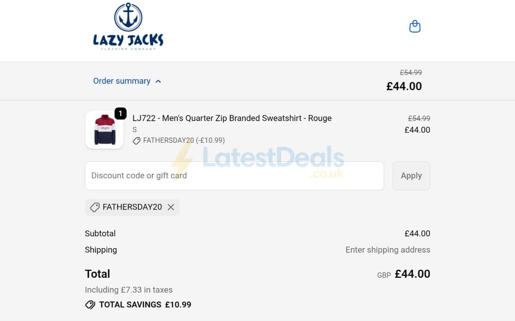 Screenshot of the Lazy Jacks discount code working