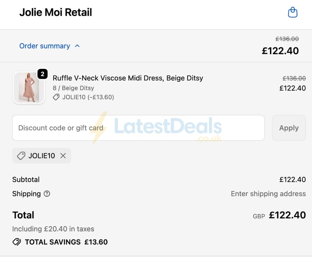 Screenshot of the Jolie Moi discount code working