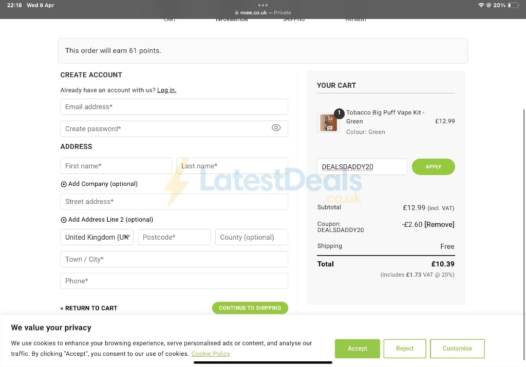 Screenshot of the Nvee Ecigs discount code working